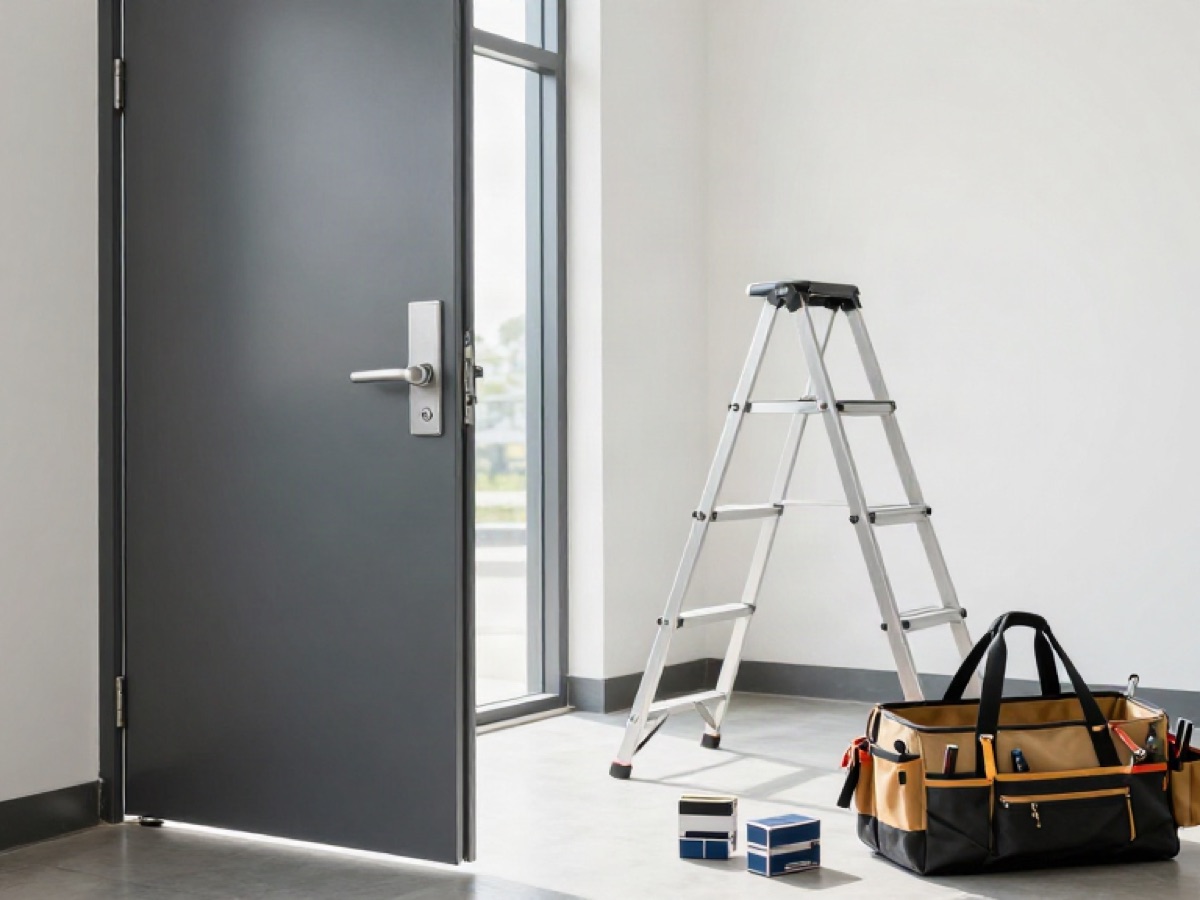 Commercial door being serviced on site with a ladder and tool bag