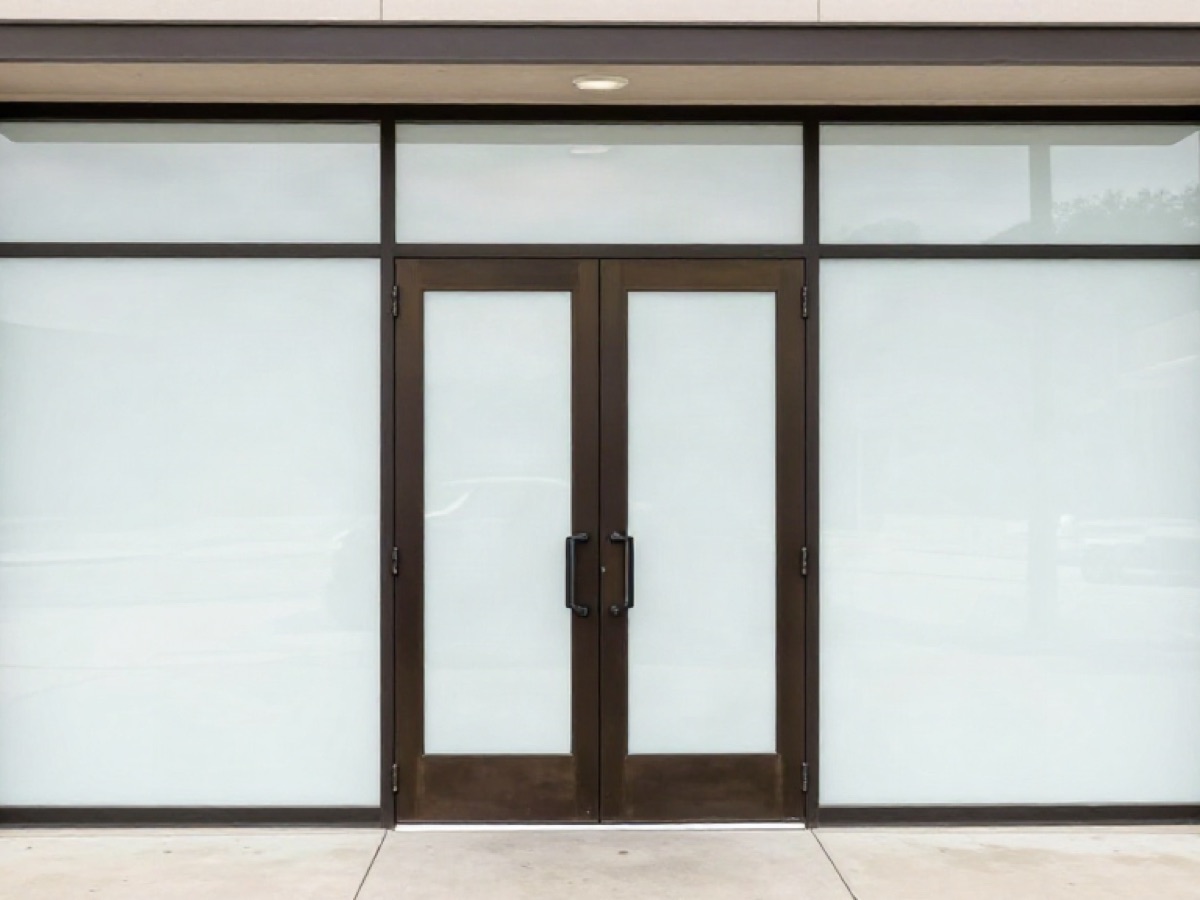 Commercial storefront entrance with aluminum framed glass doors