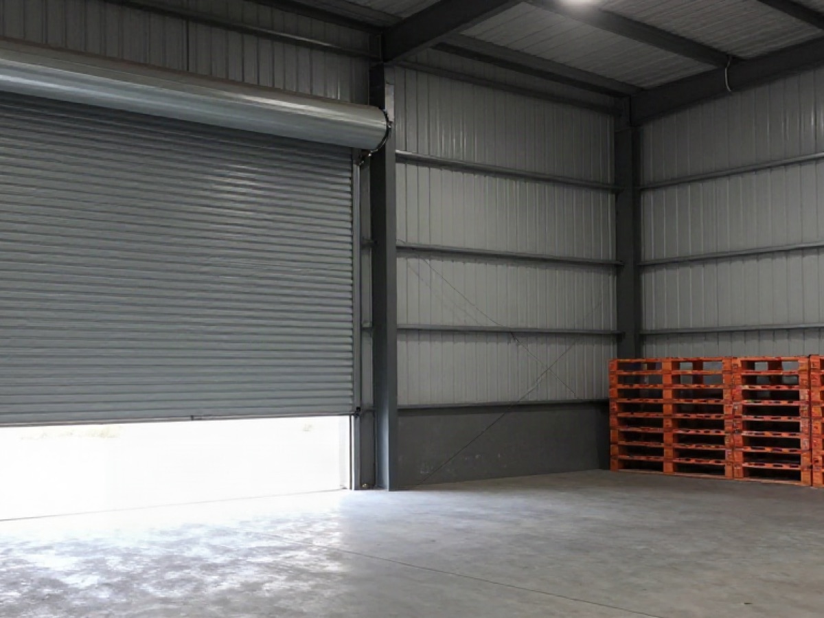 Industrial warehouse interior with a large roll-up door